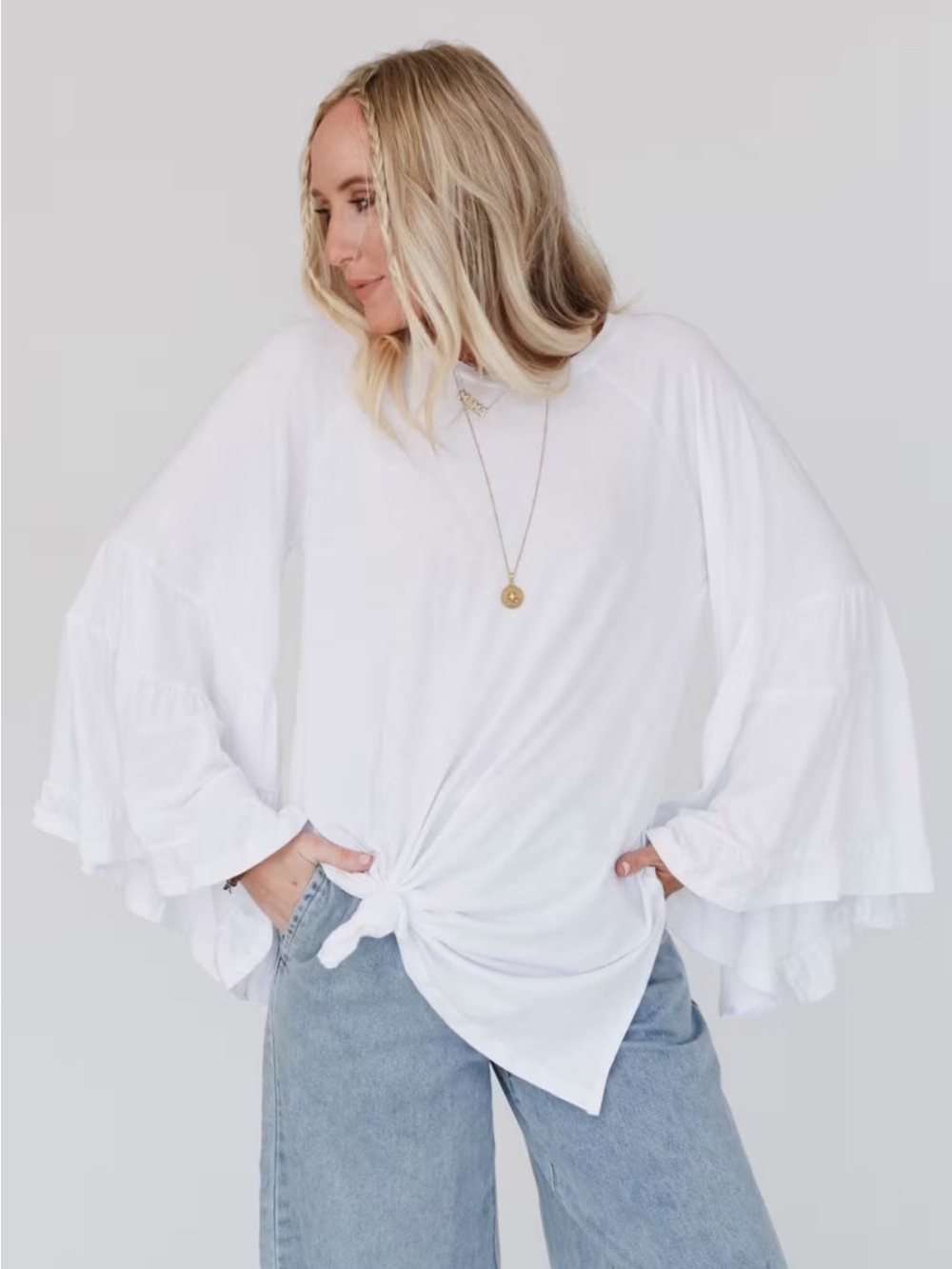 NEW Three Bird Nest Medium White Bell Sleeve Baseball Tee Top NWT